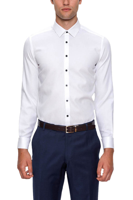 GIBSON SLIM FIT ARCHIE FRENCH CUFF CONTRAST BUTTON WHITE SHIRT